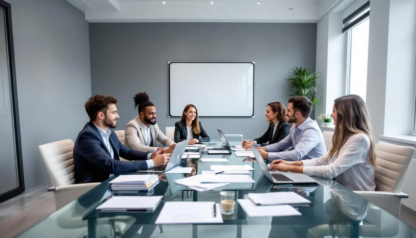 In a modern conference room, a professional team is engaged in a meeting, surrounded by documents and plans related to construction projects. This setting highlights the collaboration among construction management professionals as they discuss workforce solutions and staffing needs for their upcoming projects.