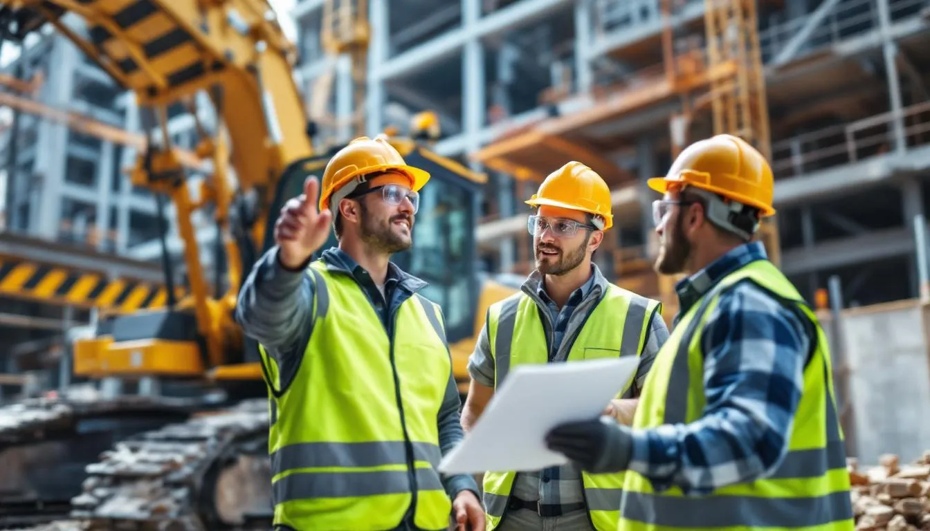 Construction workers collaborating on a modern job site, showcasing teamwork, tools, and safety gear.