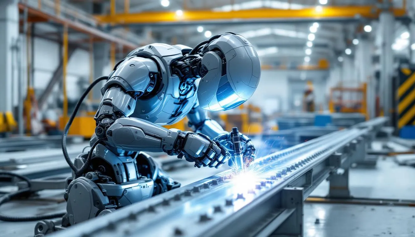 An autonomous construction robot is seen performing precision welding tasks on a construction site, showcasing the integration of AI technologies in the construction industry. This AI-powered robot enhances construction productivity and quality control by executing repetitive tasks with high accuracy.