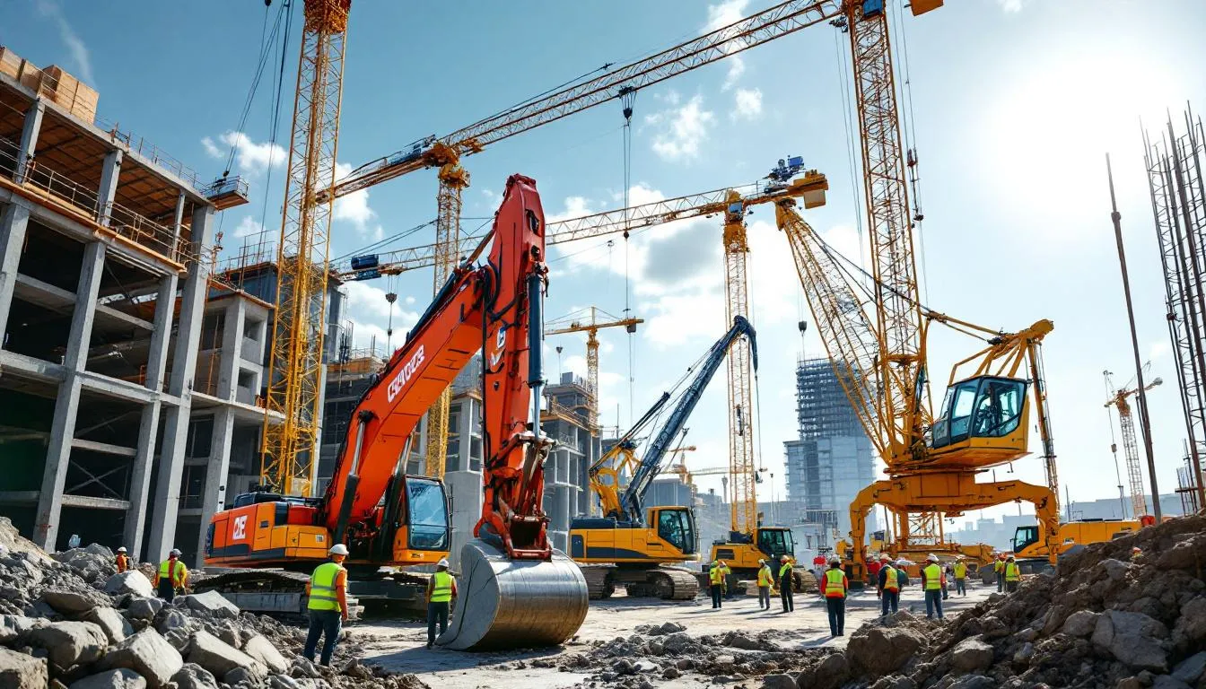 Construction site with cranes and excavators, highlighting the demand for skilled equipment operators and construction workers.