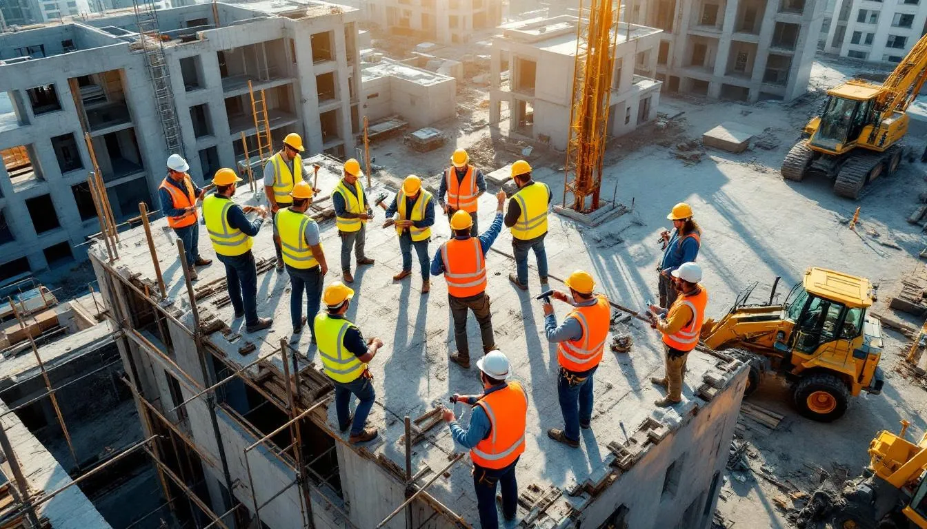 A group of construction workers, equipped with hard hats and safety gear, are collaborating on a job site, showcasing teamwork and professionalism in the construction industry. This scene highlights the importance of skilled labor and effective construction staffing solutions provided by recruitment agencies for construction.
