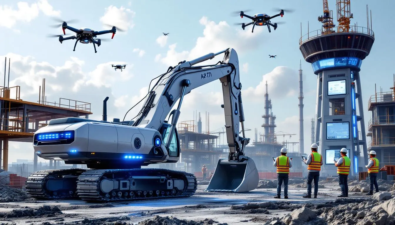 A bustling construction site features AI-powered equipment and advanced monitoring systems, showcasing the integration of artificial intelligence in the construction industry to enhance project management and safety. Workers in protective gear operate alongside AI tools, illustrating the collaboration between technology and construction professionals to optimize efficiency and manage project timelines.