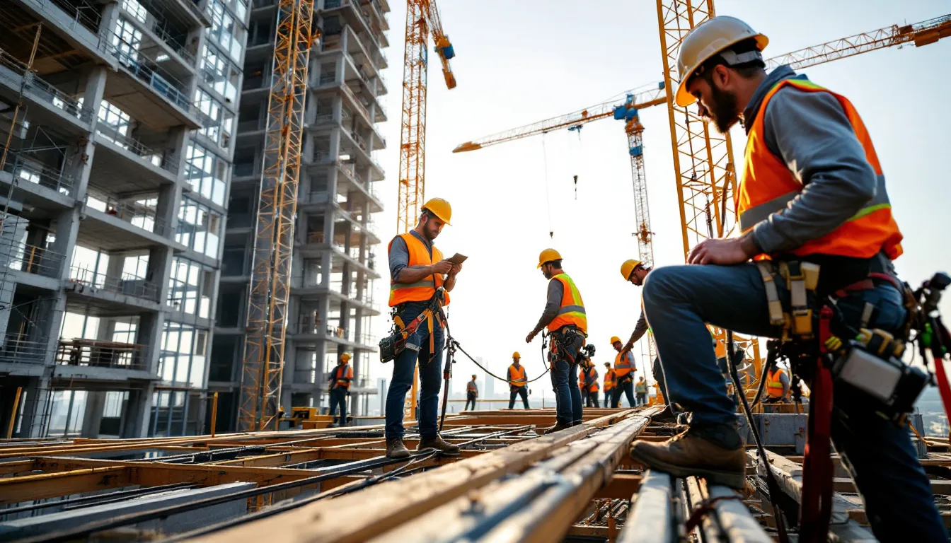 In the image, construction workers in safety gear are actively engaged in a commercial high-rise building project, showcasing the skilled labor essential in the construction industry. Their teamwork and use of heavy equipment highlight the demand for construction talent in urban areas, reflecting the ongoing trends in construction worker salaries and labor statistics.