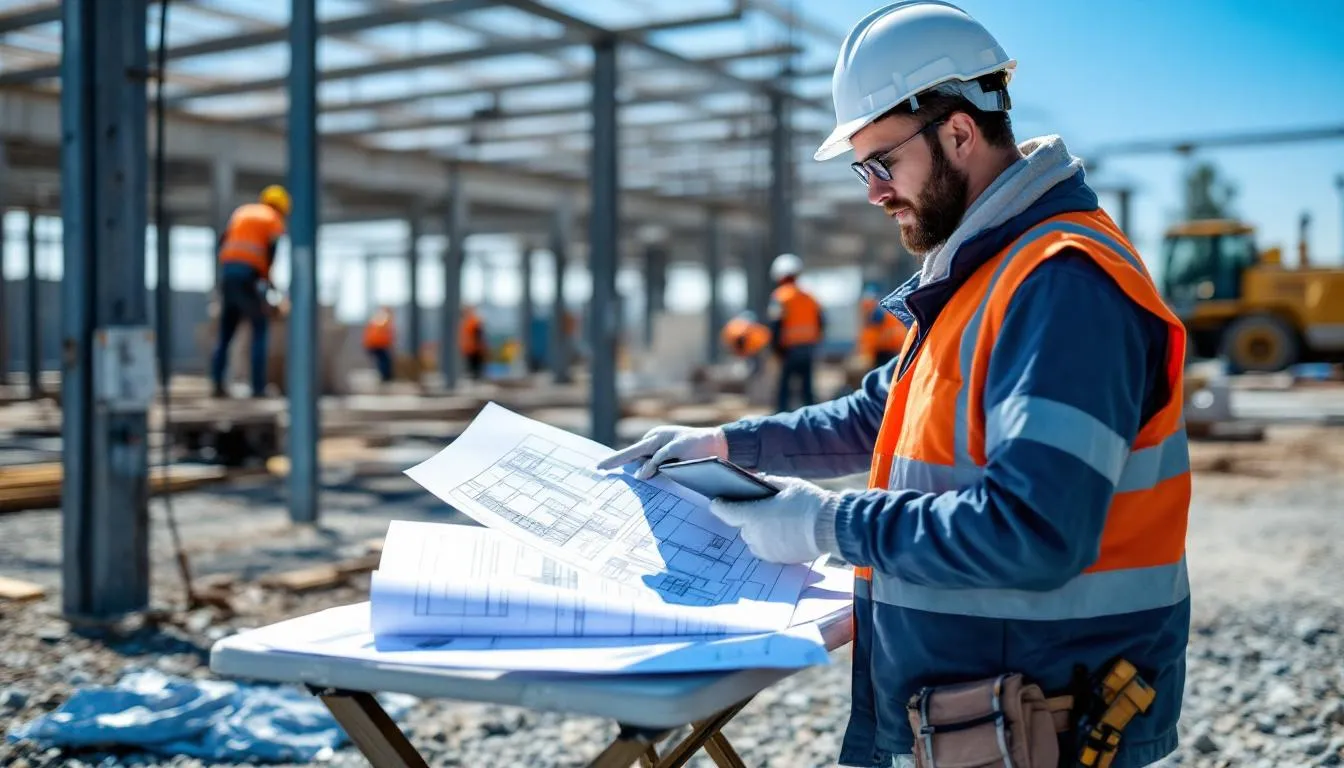 A construction project manager is intently reviewing blueprints on an active construction site, surrounded by construction workers and machinery. This scene highlights the importance of construction management and the technical skills required to supervise construction projects effectively.