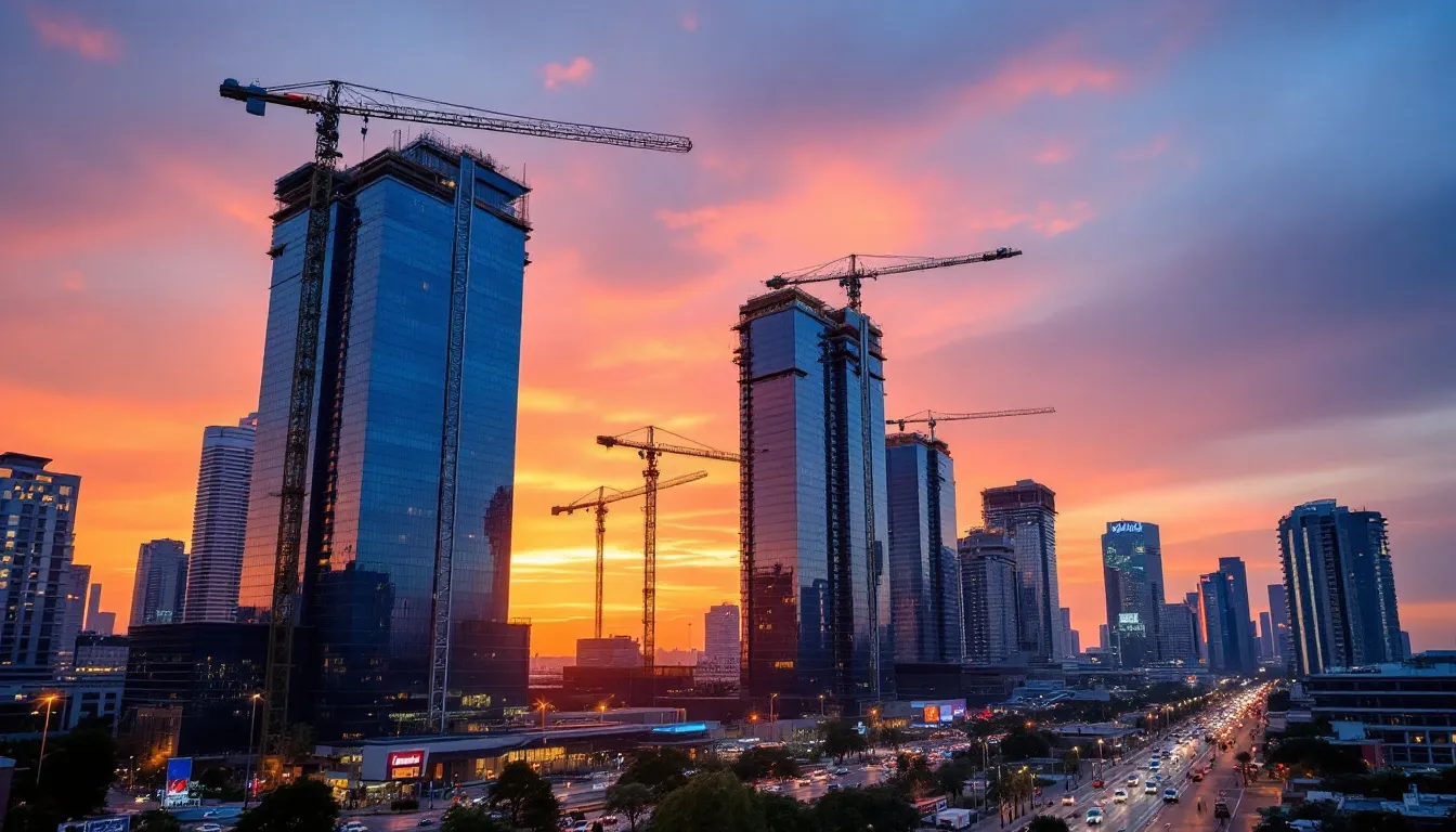 A city skyline with cranes, symbolizing high-paying metropolitan opportunities for project managers and directors in markets like San Francisco and New York.