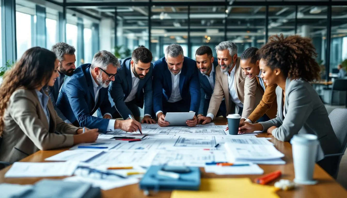 A diverse team of construction managers, including female construction workers, collaborates around a conference table, reviewing project plans and digital tablets.