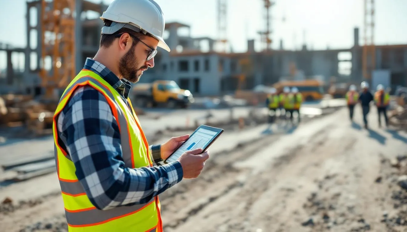Estimator walking through a construction site using a tablet to capture field data.