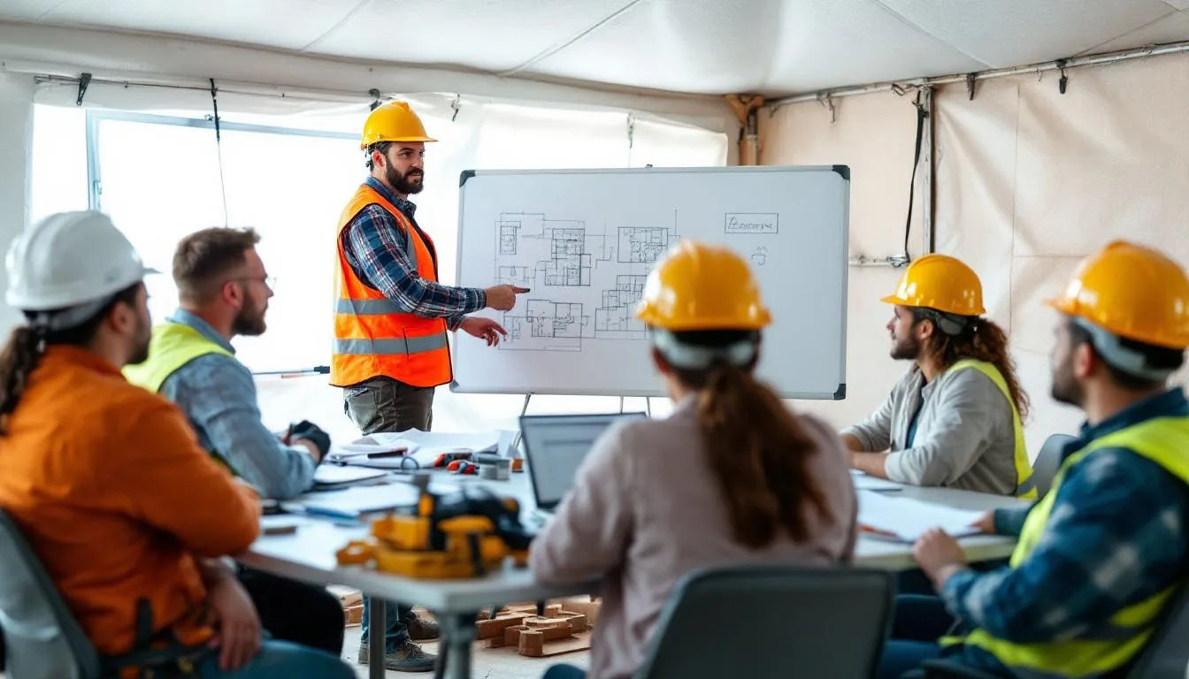 In the image, a construction project manager is leading a team meeting with construction workers and other specialists, discussing technical details and project management strategies for ongoing construction projects. The scene highlights the collaborative nature of construction management, emphasizing the importance of effective communication and planning in the construction industry.