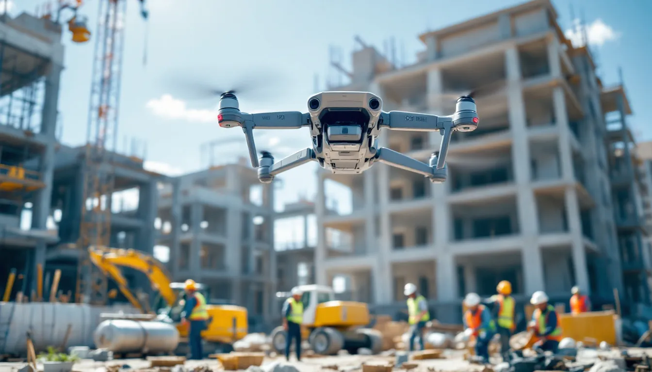 Modern construction site where tradespeople collaborate with advanced tools and sustainable building practices.