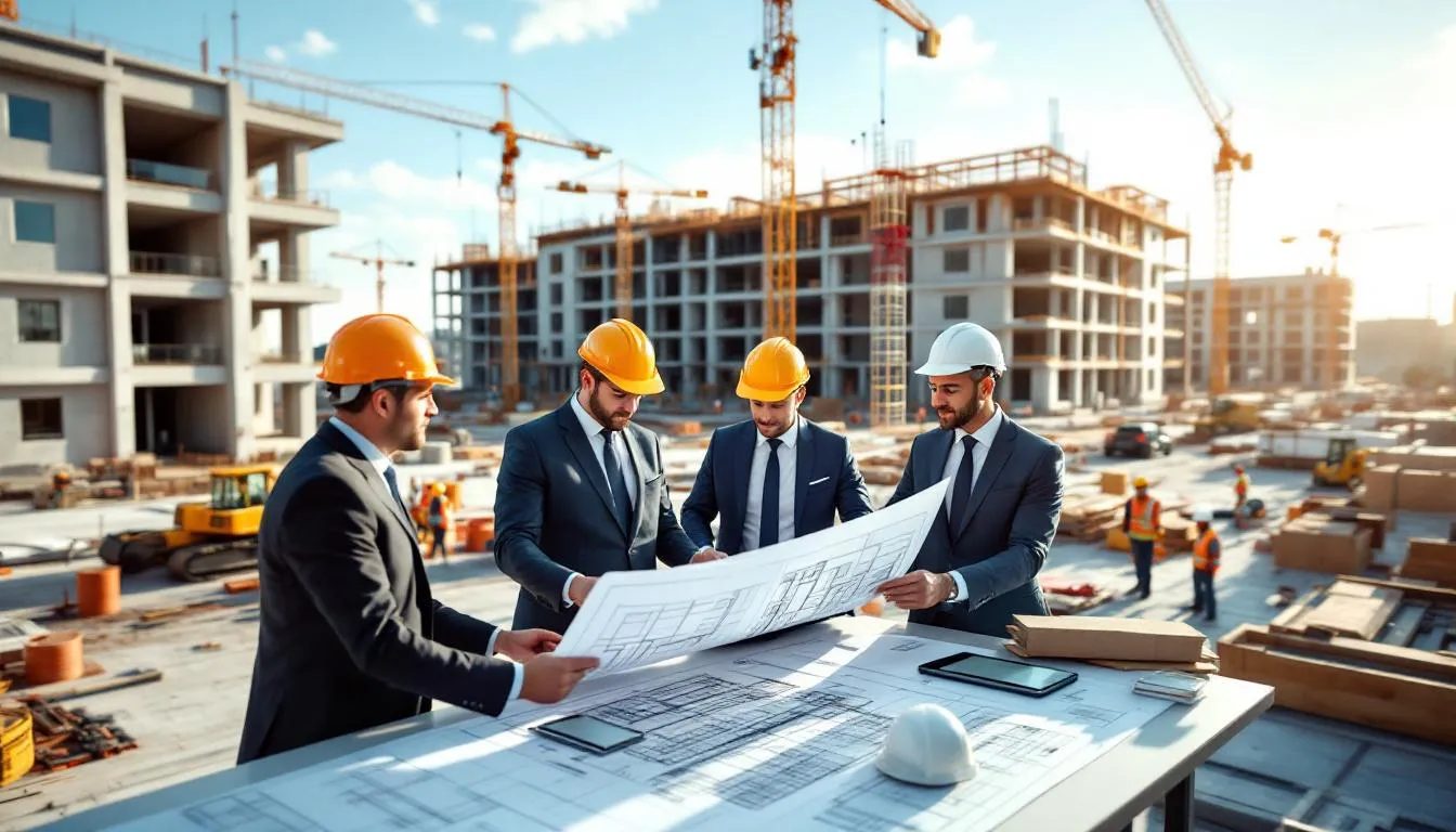 Construction executives reviewing blueprints and discussing risk management, client relationships, and project budgeting on site, symbolizing leadership advancement in construction management.