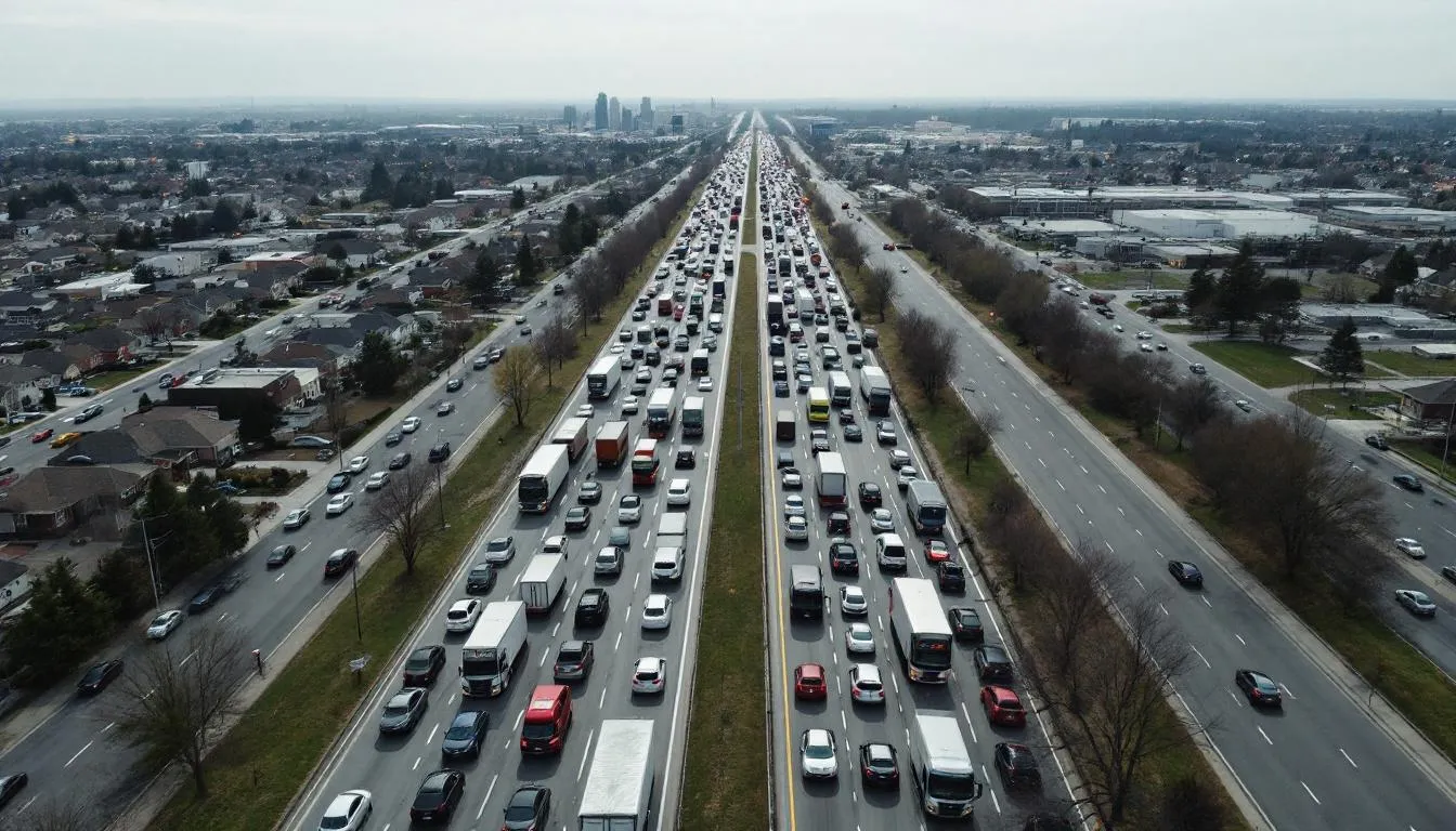 Aerial view of Interstate 4 traffic congestion between Tampa and Orlando highlighting the need for FDOT express lane construction to improve Florida transportation.