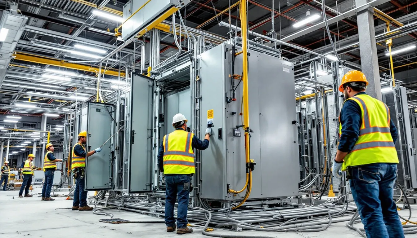 Electrical workers installing high-voltage power systems at a data center site, reflecting demand for power infrastructure expertise.