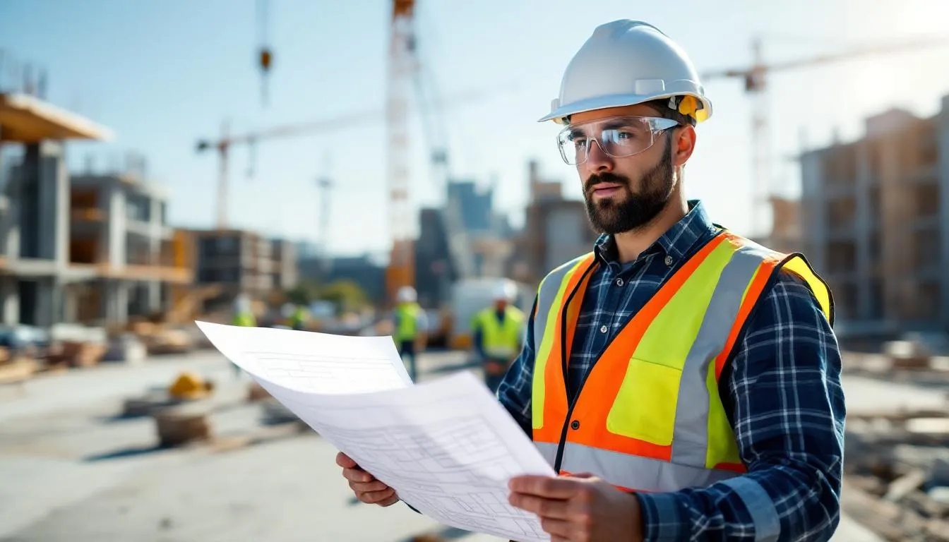 A professional construction superintendent, equipped with safety gear, is intently reviewing project plans at a construction site, highlighting their vital role in overseeing construction projects and ensuring quality operations. This image exemplifies the responsibilities and skills required in the construction industry, where superintendents are crucial for successful project delivery.