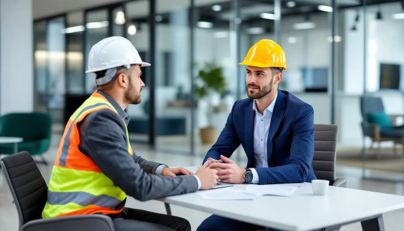 A professional construction recruiter is engaged in a discussion with a construction worker candidate in a modern office setting, highlighting the hiring process for construction jobs. The atmosphere reflects a focus on career advancement and team building within the construction industry.