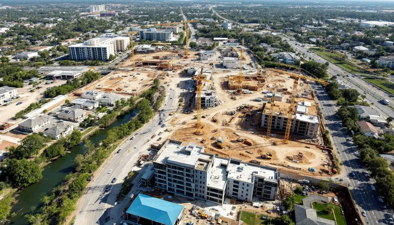 An aerial view of various Florida construction sites showcases cranes and ongoing development, highlighting the dynamic construction industry and its demand for skilled laborers.