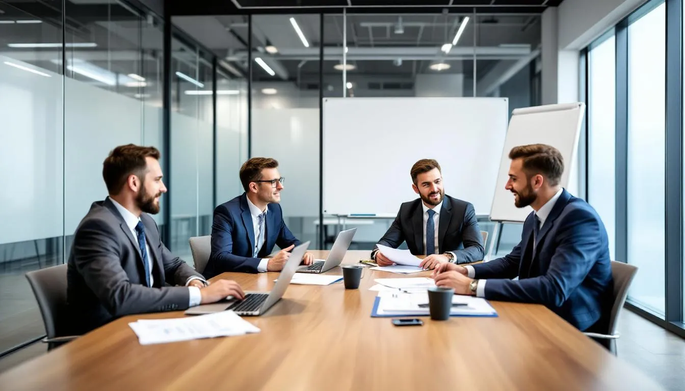 Construction executives collaborate with a recruiter to review candidate profiles, focusing on hiring skilled professionals in the construction industry.