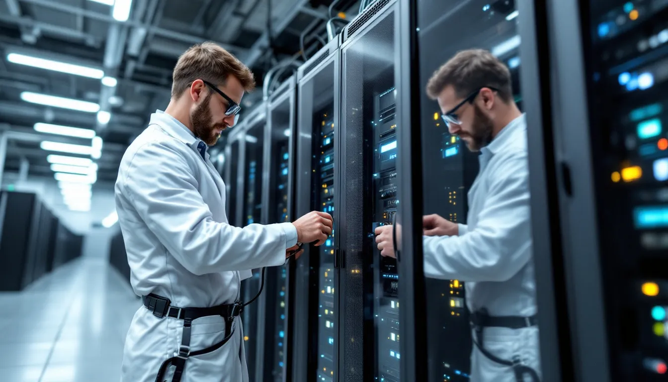 Technicians working on server installations and maintenance inside a data center, reflecting demand for skilled technical staff in 2026.