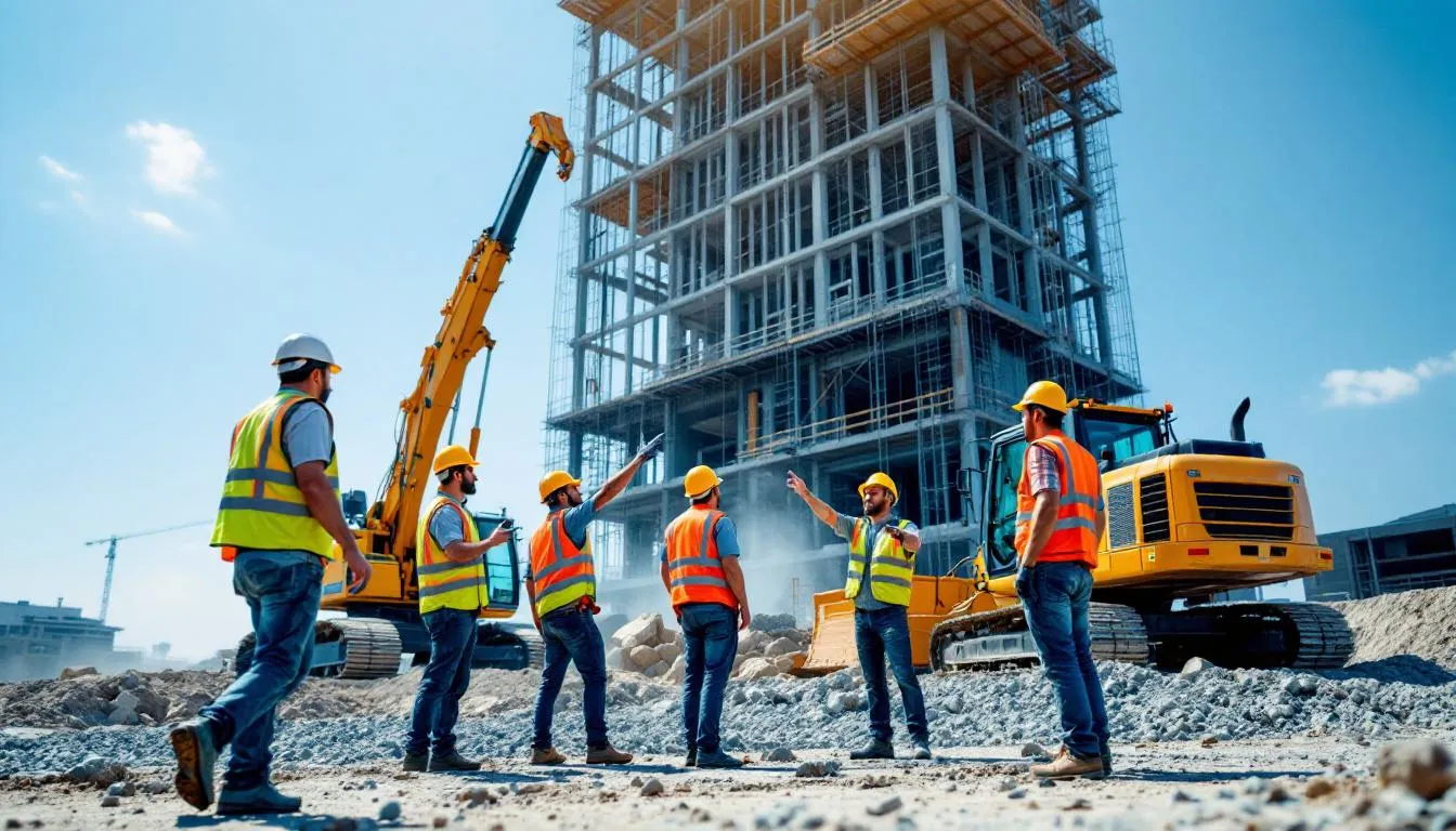 Construction crews coordinate tasks on a modern job site using digital tools and precision equipment. The scene shows teamwork, training, and safety in a busy commercial setting.