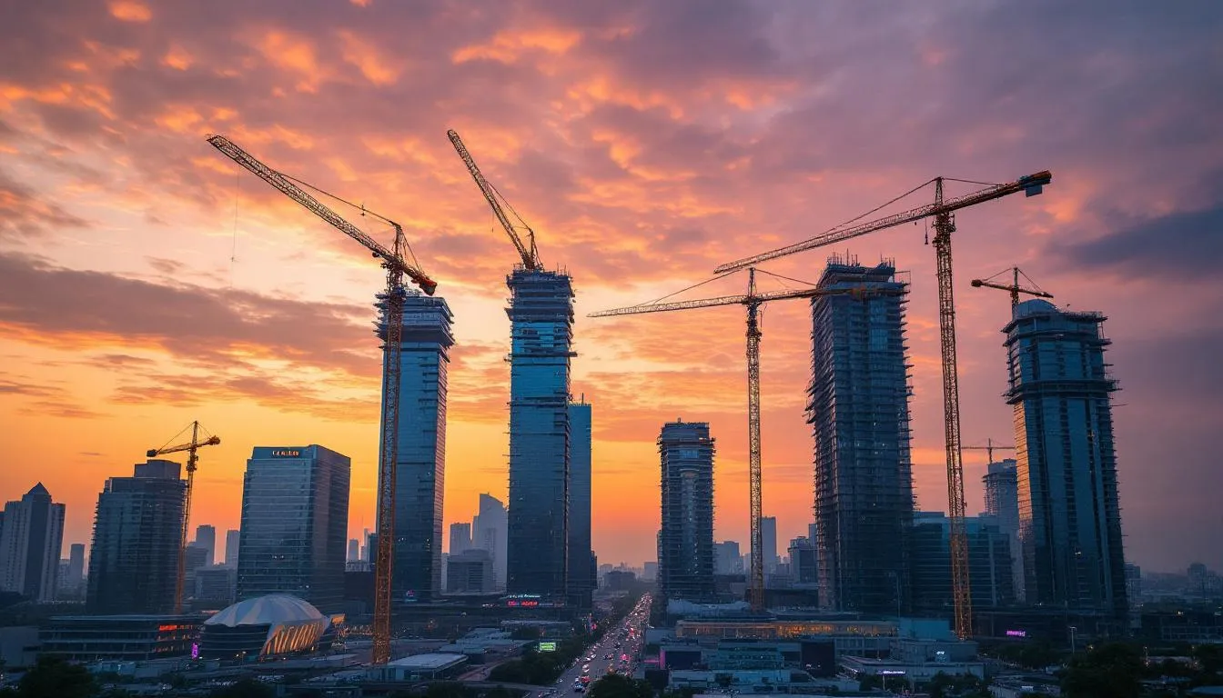 City skyline with cranes and construction sites representing growth in executive-level construction projects across major U.S. markets.