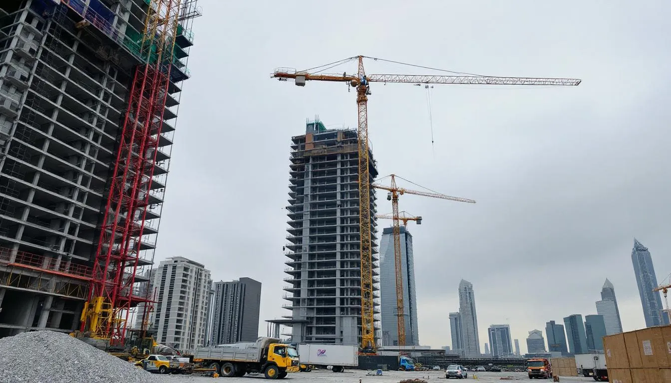 A modern urban construction site with multiple cranes and towers under construction, showing how construction managers oversee project delivery, budgets, and client satisfaction across many projects.