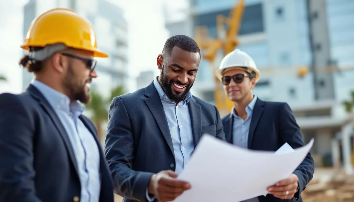 Construction executives reviewing project plans at a Florida development site, discussing leadership strategy and workforce needs for complex projects.