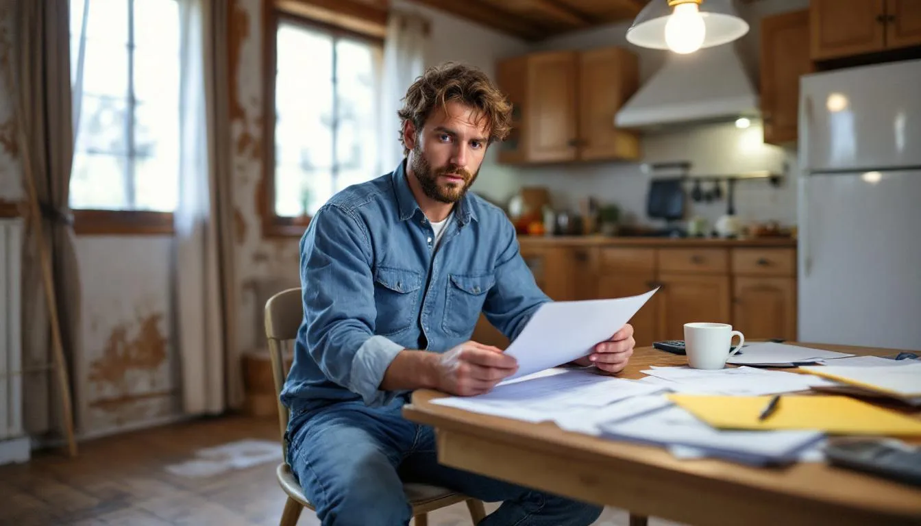 A construction worker reviewing financial documents at home, reflecting the financial stability and strong earnings skilled tradespeople achieve without student loan debt.
