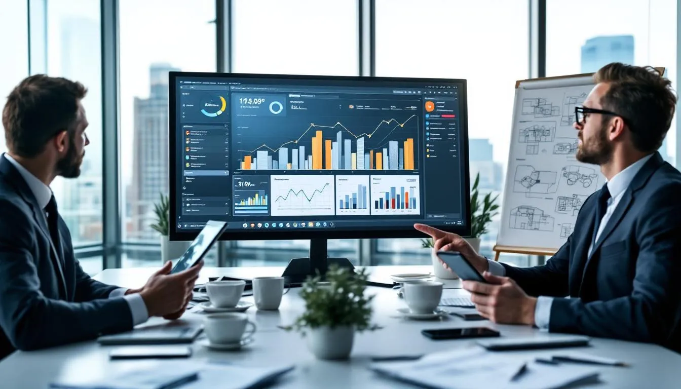 Construction executives collaborating on digital tools inside a Florida project office, demonstrating BIM and technology-driven project coordination.