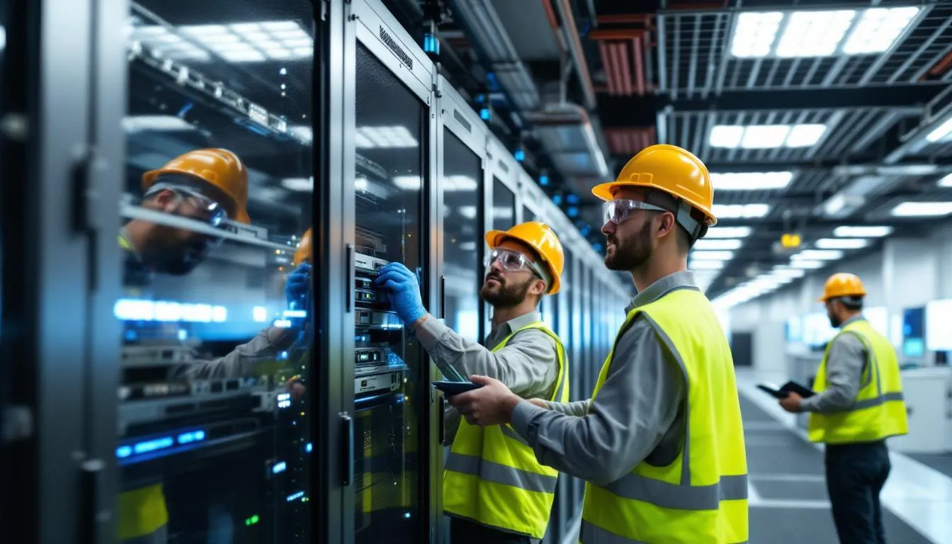 Construction workers installing data center infrastructure equipment in Florida, showcasing technical expertise and teamwork across mission-critical construction projects.