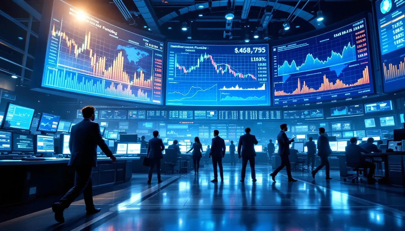 Traders watch digital tickers showing AI infrastructure stocks, illustrating how financial markets and institutional investors are fueling large-scale construction for 2026.