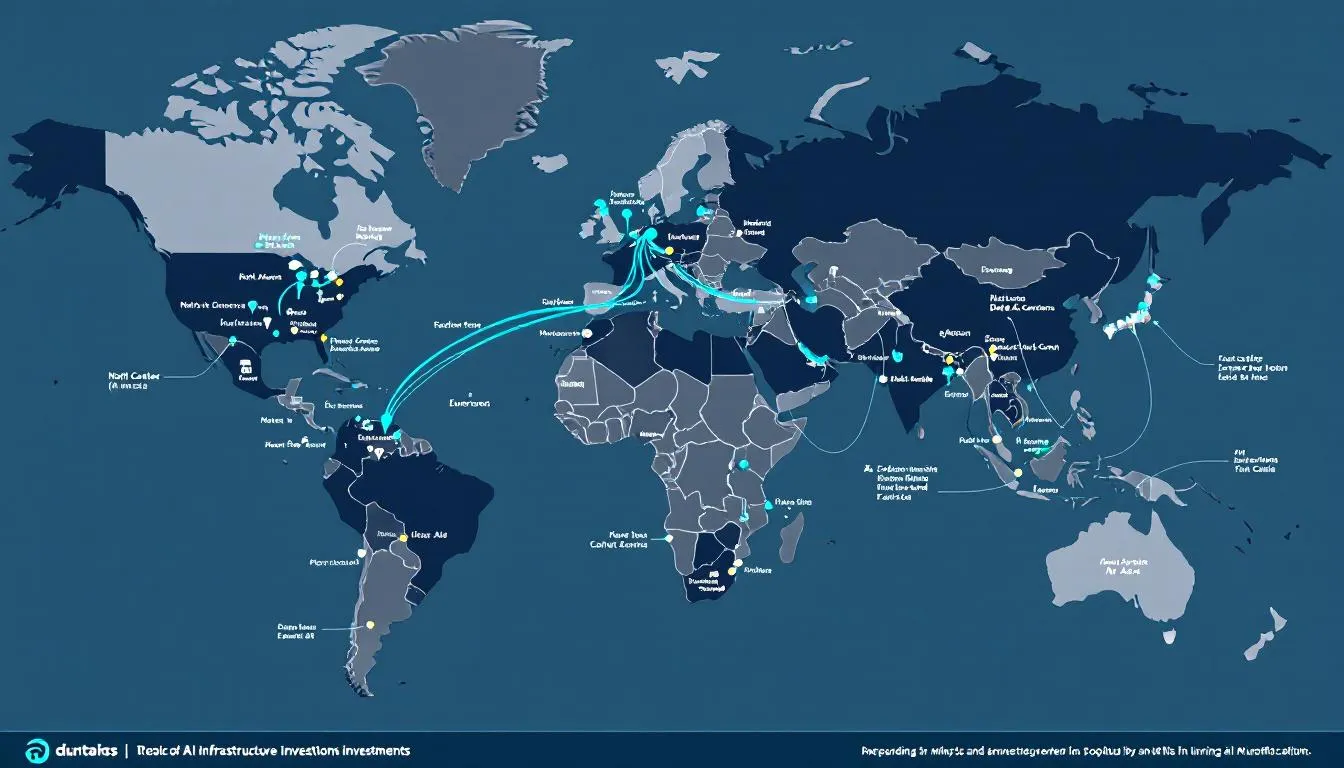 Global map displaying AI infrastructure investments, showing major regions like the U.S., China, and Europe, with arrows representing capital flow toward data center hubs worldwide.