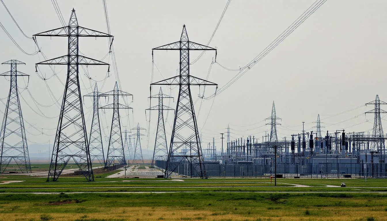 Electrical substations and power lines highlighting the energy strain caused by rapid AI infrastructure growth and the global demand for grid modernization.