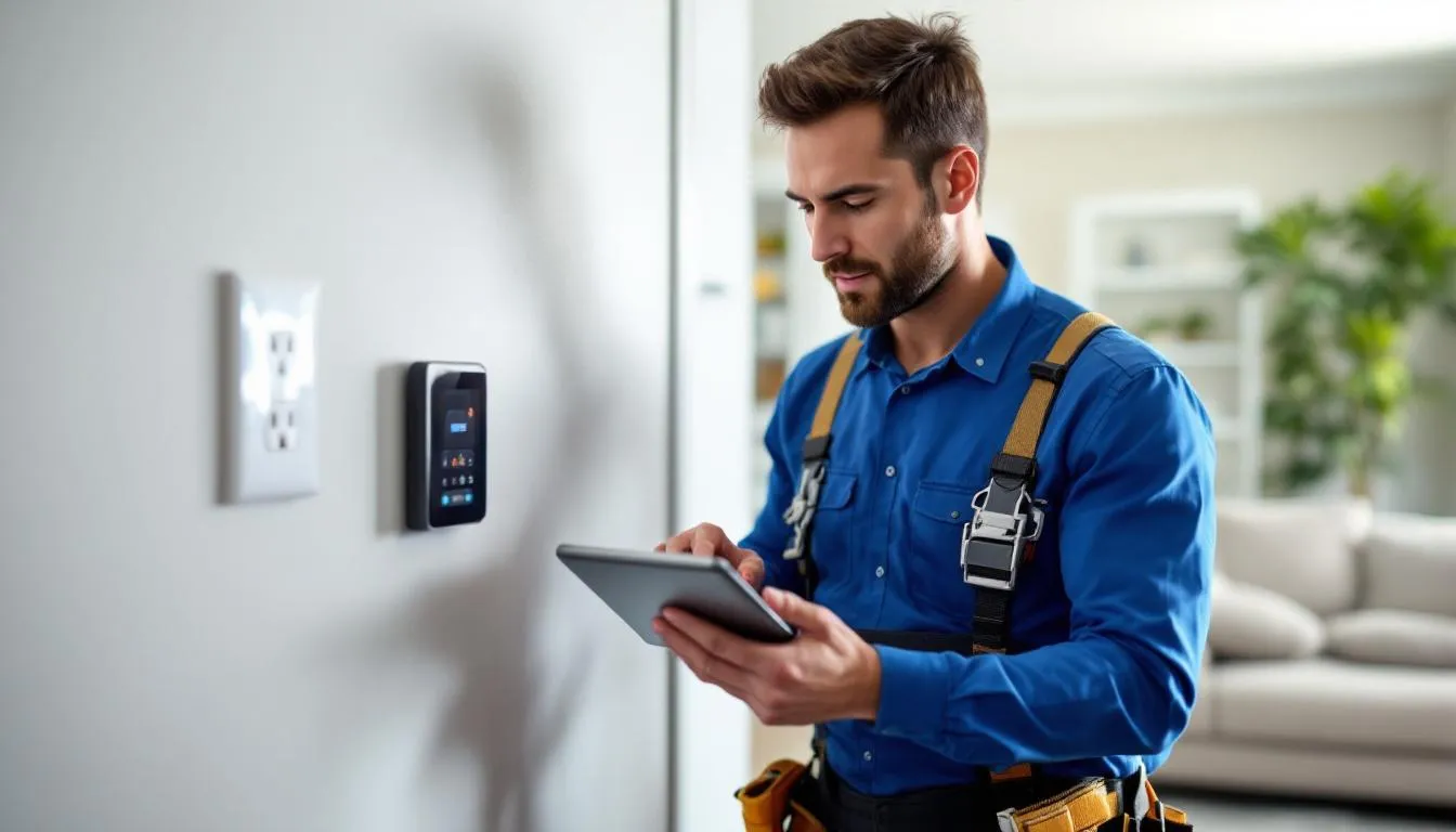 An electrician configuring smart building systems on a construction site, demonstrating the rising demand for technology skills in modern skilled trades.