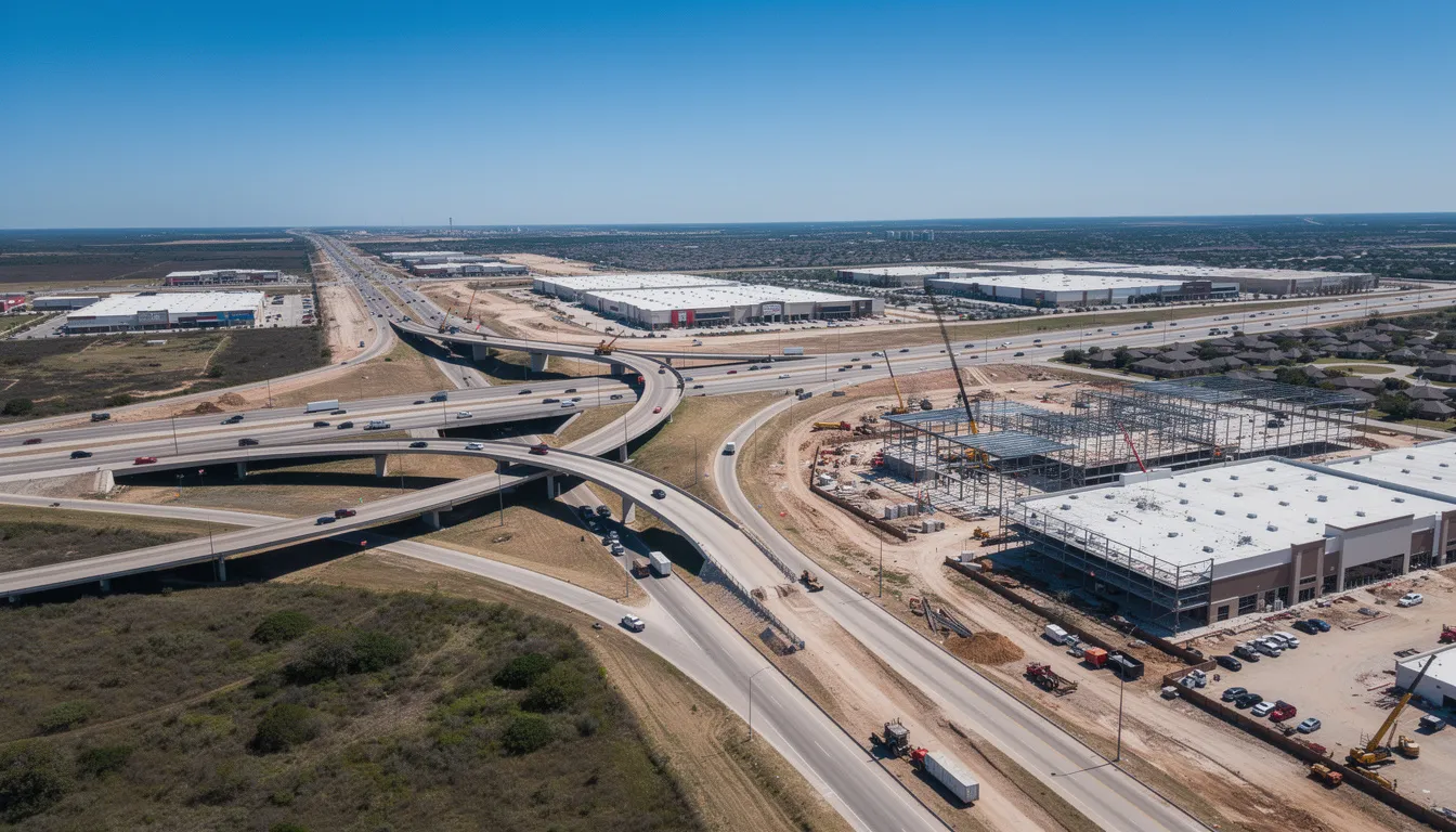 Aerial view of large Texas highway and commercial construction projects with cranes, elevated roadways, and logistics facilities under active development.