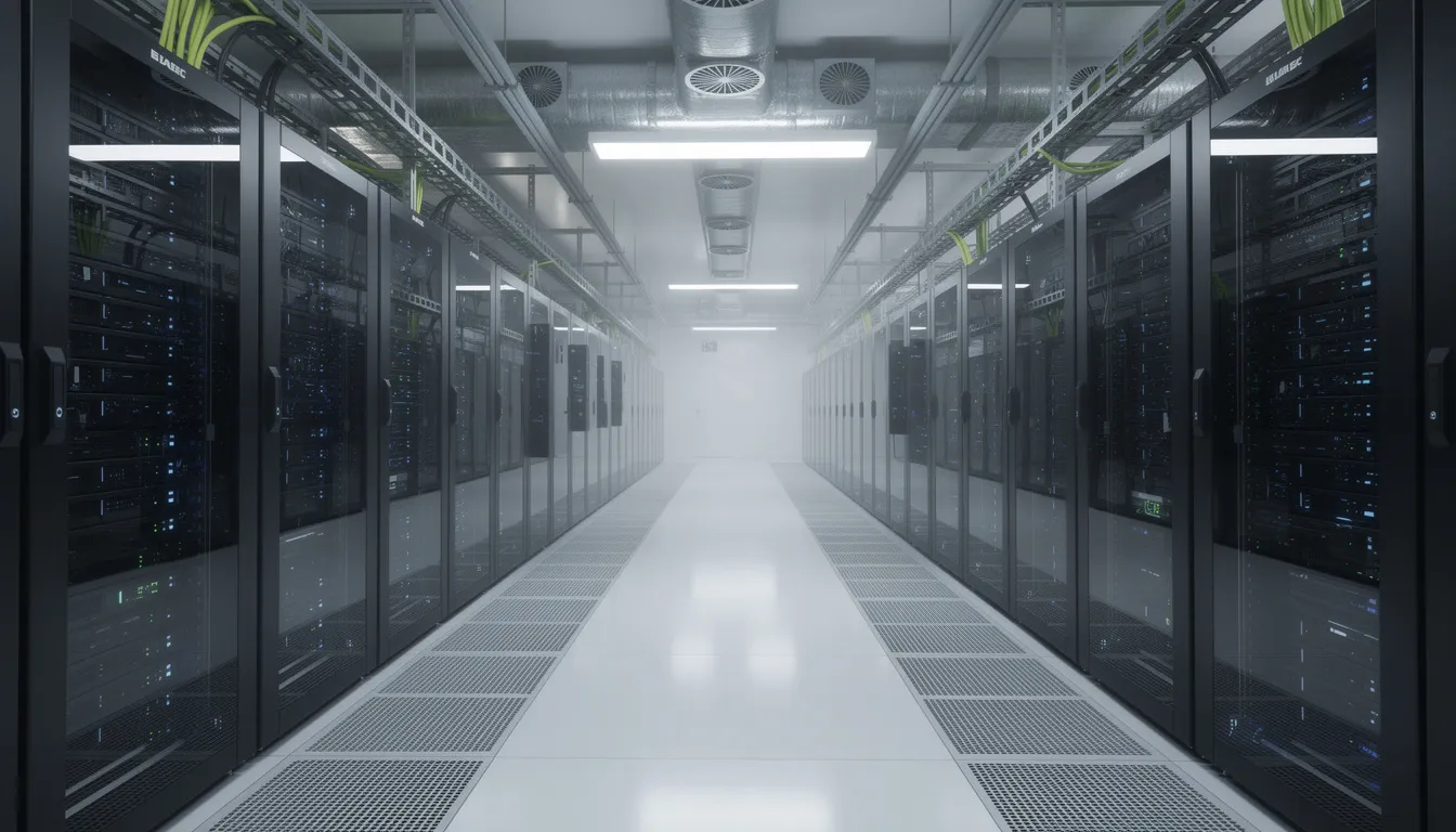 The interior of a modern data center with advanced cooling systems and server infrastructure, highlighting the technical requirements driving demand for experienced construction leadership.