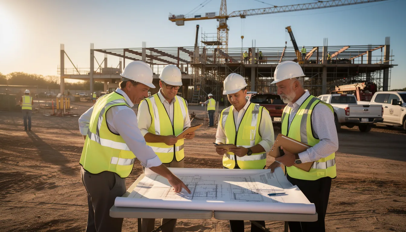 Texas construction executives reviewing schedules and building plans on an active commercial construction site with cranes and concrete crews in the background.