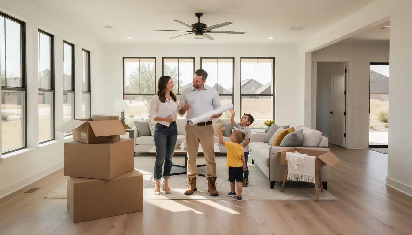 Construction executive and family touring a modern Texas home during a relocation for a senior leadership role.