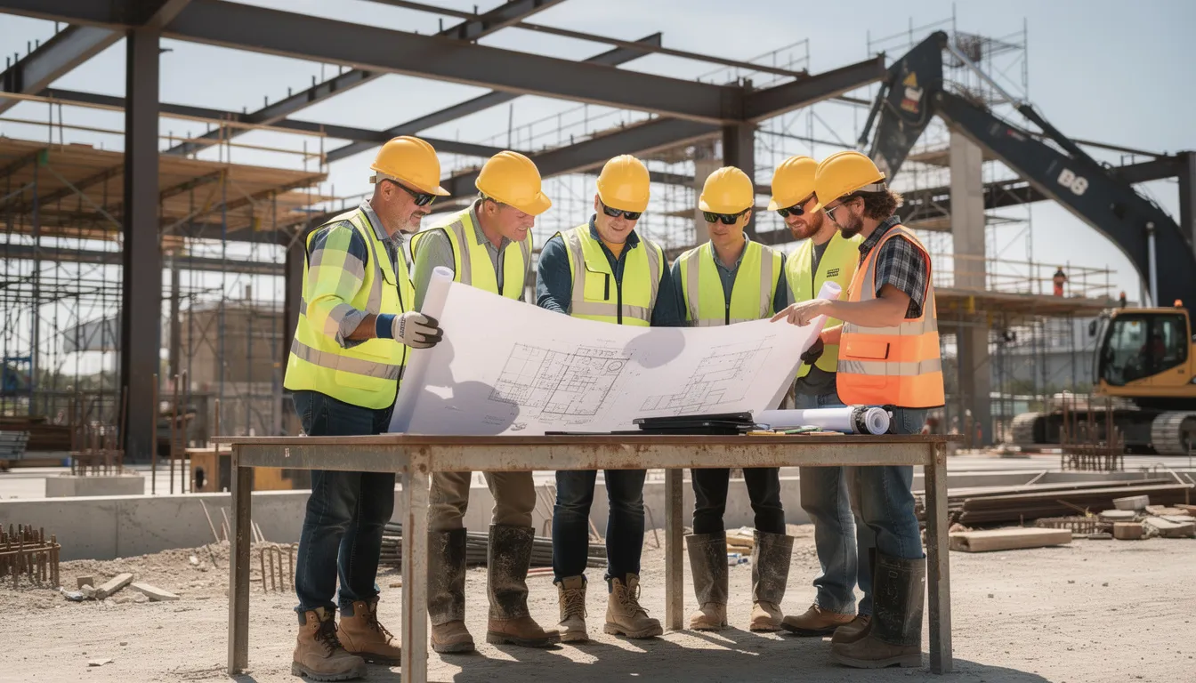 A group of construction workers in hard hats and safety vests are gathered at an industrial job site, intently reviewing plans for a new facility. This scene reflects the ongoing efforts of construction firms to enhance infrastructure and address the high demand for skilled workers in various sectors, including advanced manufacturing and energy.