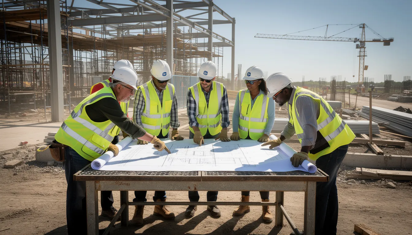 A group of construction workers in bright safety vests is gathered around a table at an active jobsite, intently reviewing large architectural plans. They are project team members collaborating on construction processes to ensure the successful completion of their project goals.