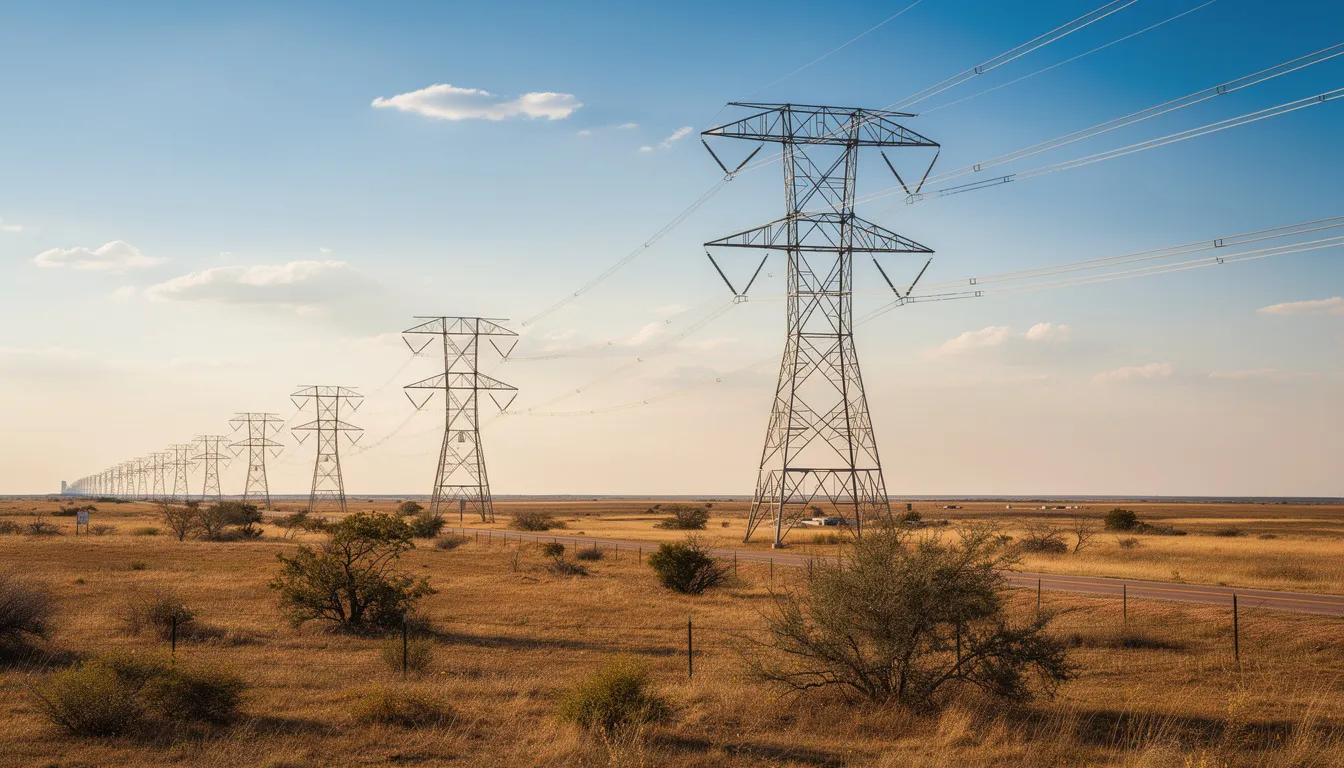The image depicts high-voltage transmission towers soaring above an expansive Texas landscape, symbolizing the ongoing energy infrastructure development. These structures are part of a broader initiative, including battery energy storage systems and solar projects, aimed at enhancing the reliability and capacity of the power grid to support economic growth and innovation in the region.