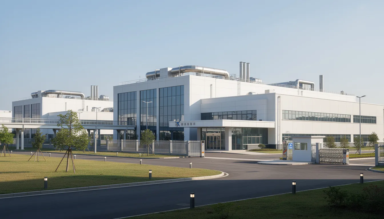 The image depicts a modern semiconductor manufacturing facility with sleek, clean lines and an industrial design, showcasing the advanced infrastructure essential for chip production and mass manufacturing operations. This facility represents a significant investment in Arizona's growth, reflecting the global demand for advanced chips and technology in the modern world.