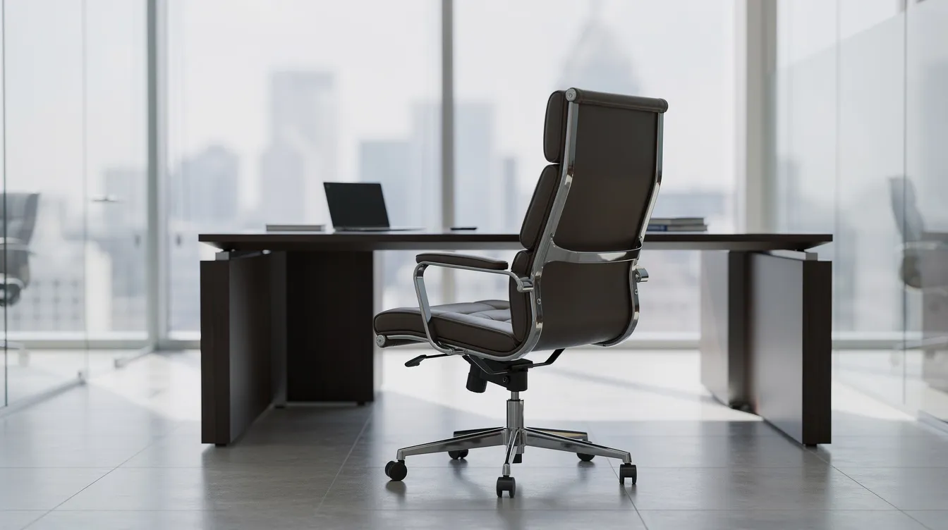 An empty executive office chair sits in a professional setting, symbolizing the importance of effective hiring processes in the construction industry. This image reflects the potential risks of costly hiring mistakes and the need for leadership that aligns with company culture.