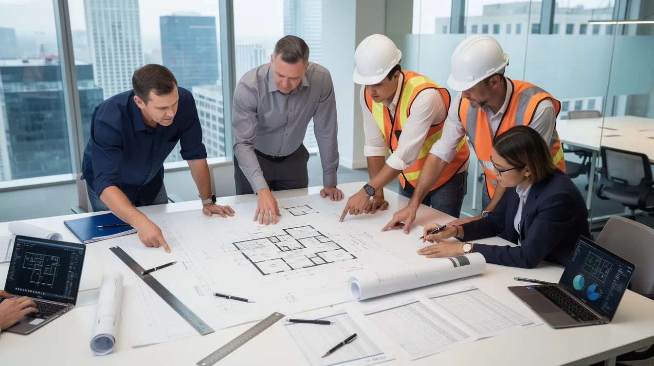 Estimators and project leaders reviewing bid strategy, procurement timing, and material exposure during a preconstruction meeting.