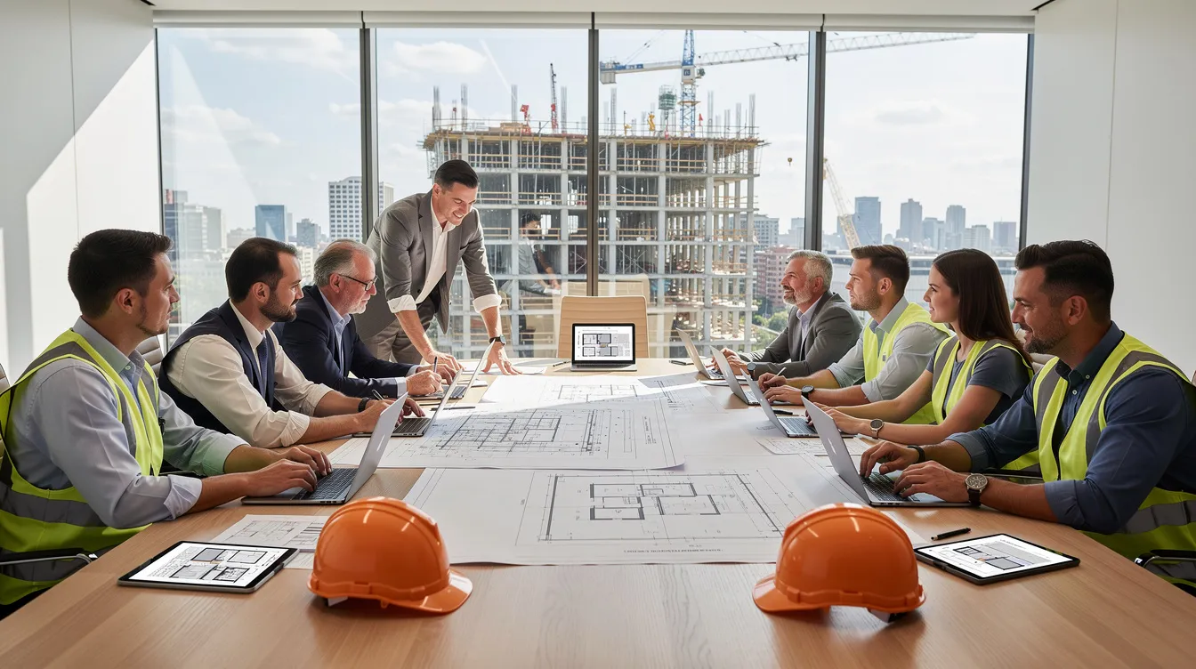 Construction leaders reviewing pricing risk, procurement timing, and team strategy in a conference room.