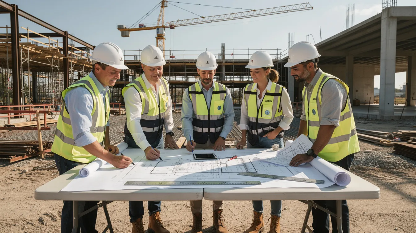 A construction leadership team is gathered on a commercial job site, reviewing project plans and discussing key responsibilities. This scene highlights the importance of effective decision-making and cultural alignment in the hiring process for construction project managers to avoid costly hiring mistakes.