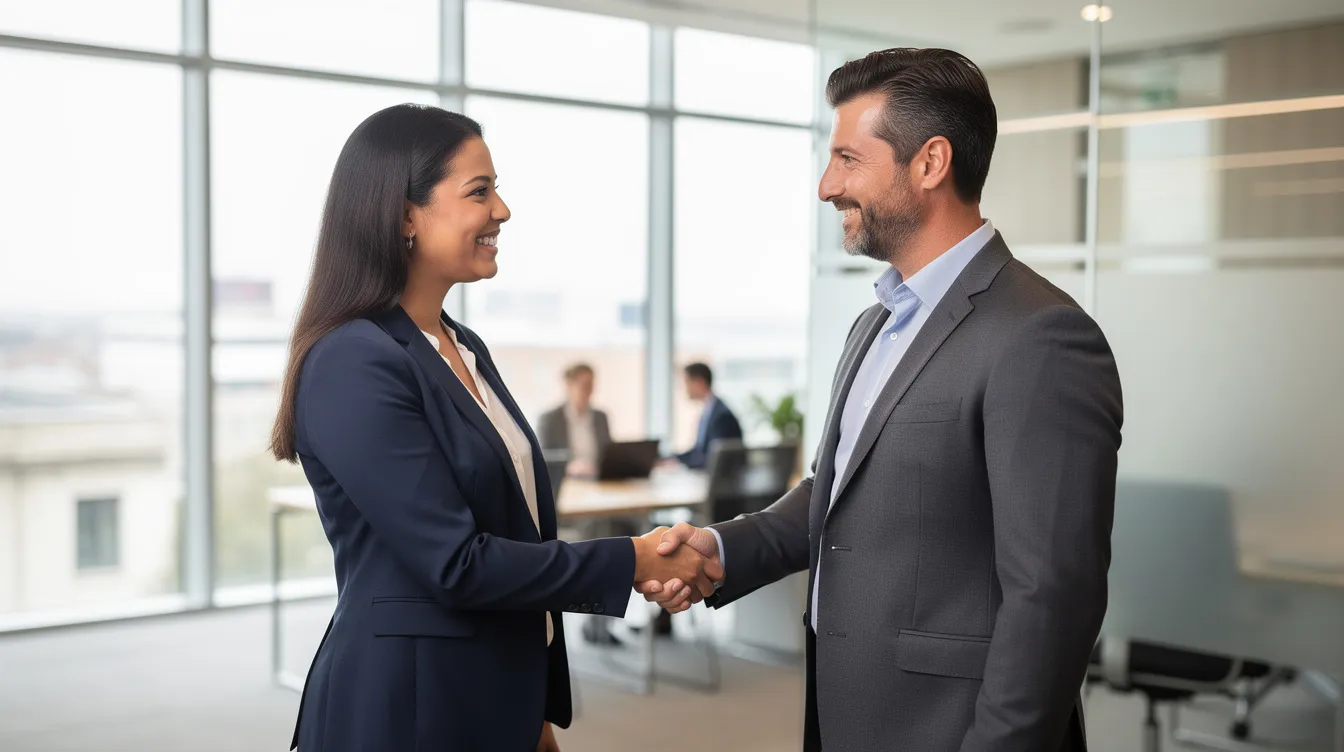 The image depicts a professional handshake between two business professionals in a modern office setting, symbolizing a successful hiring process. This moment reflects the importance of cultural alignment and leadership style in the construction industry, highlighting the significance of avoiding costly hiring mistakes.