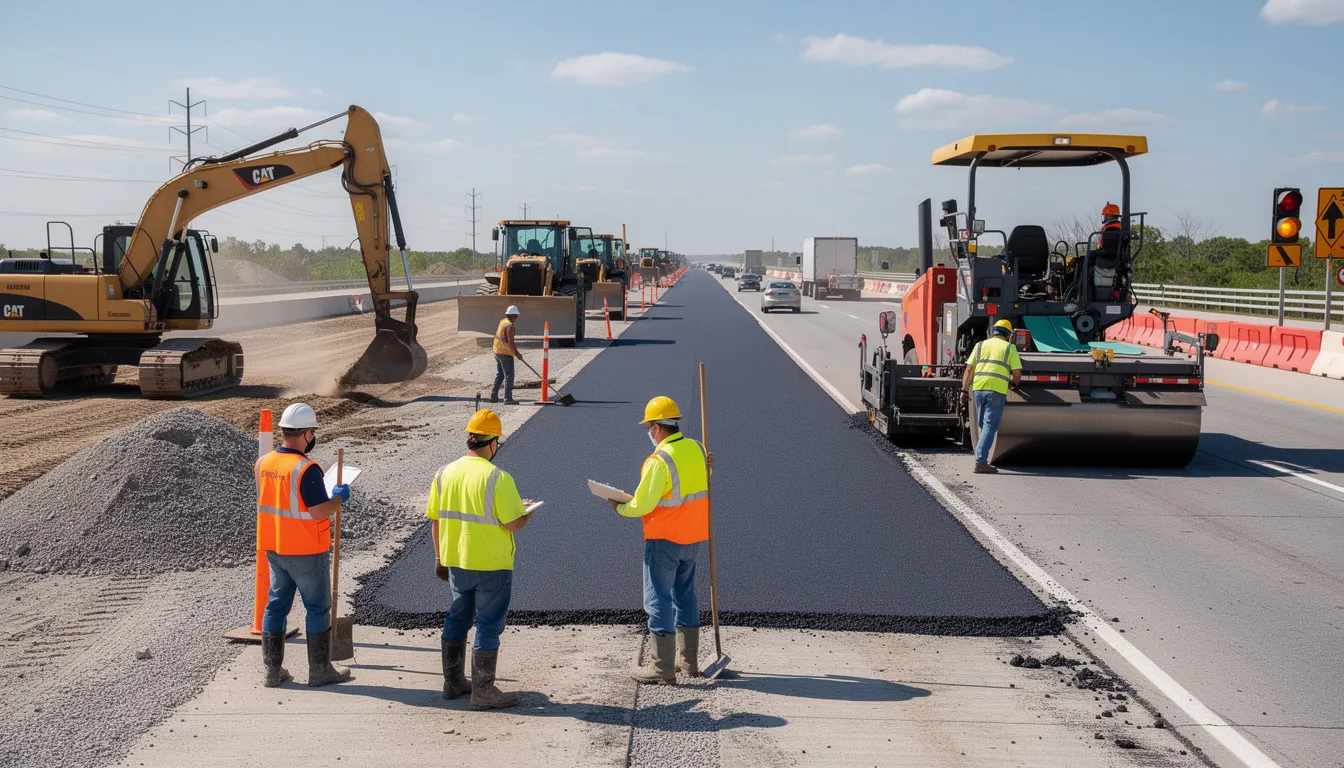 The image depicts a busy highway construction scene featuring heavy equipment and workers in safety vests, indicating ongoing infrastructure development crucial for projects like the Arizona mega projects 2026, which aim to enhance semiconductor manufacturing and support job creation in the technology sector. This construction is part of a larger effort to meet global demand for advanced chips and improve manufacturing operations in the modern world.