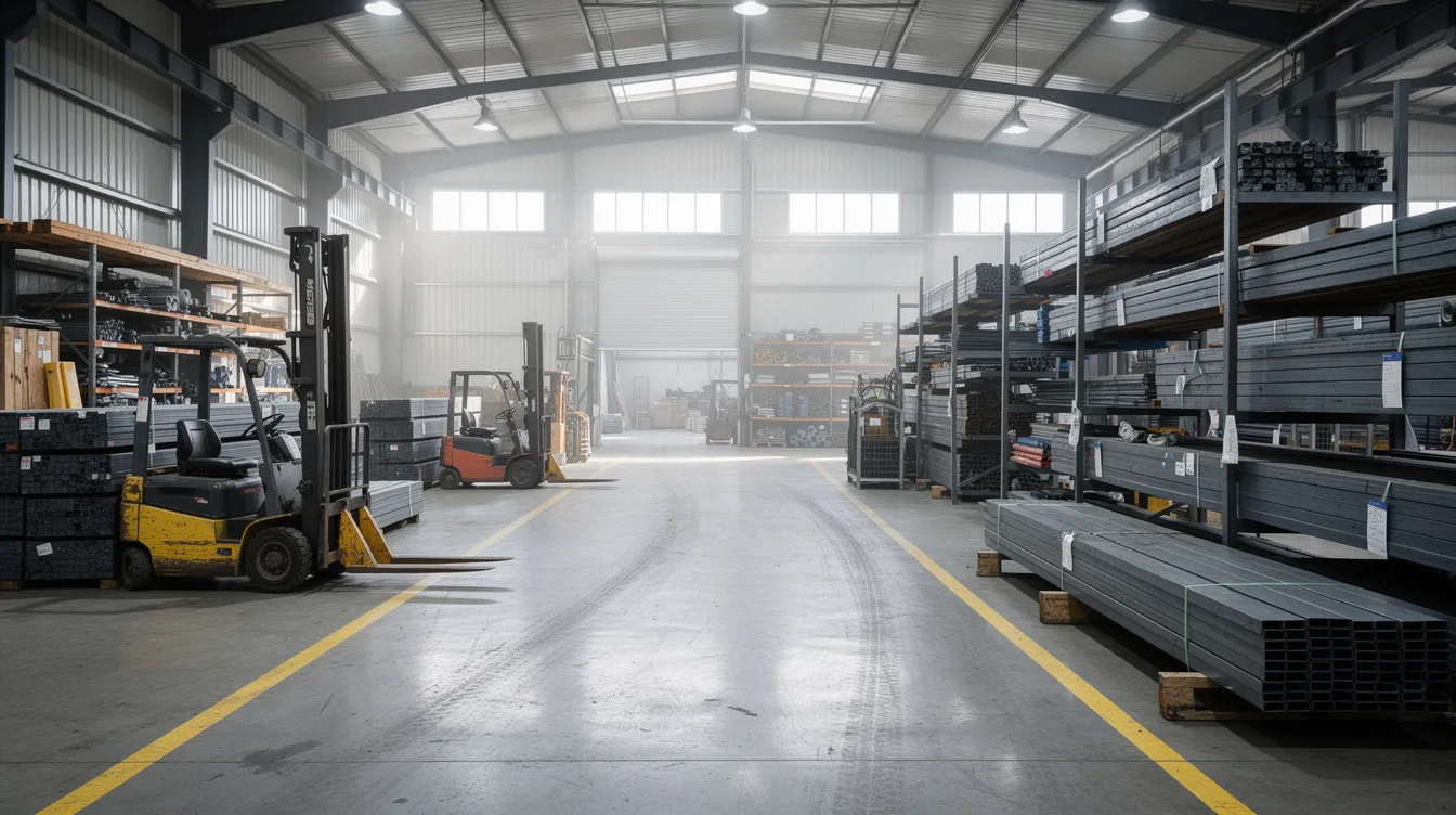Construction materials and steel stored in a warehouse to show early buyout strategy and procurement control on exposed packages.