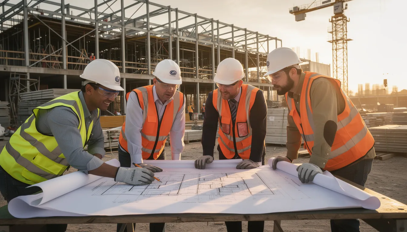 A group of construction professionals in hard hats are gathered at a job site, intently reviewing blueprints for a new manufacturing facility. This project is part of the Arizona mega projects 2026 initiative, aimed at expanding semiconductor infrastructure and creating jobs in response to global demand.
