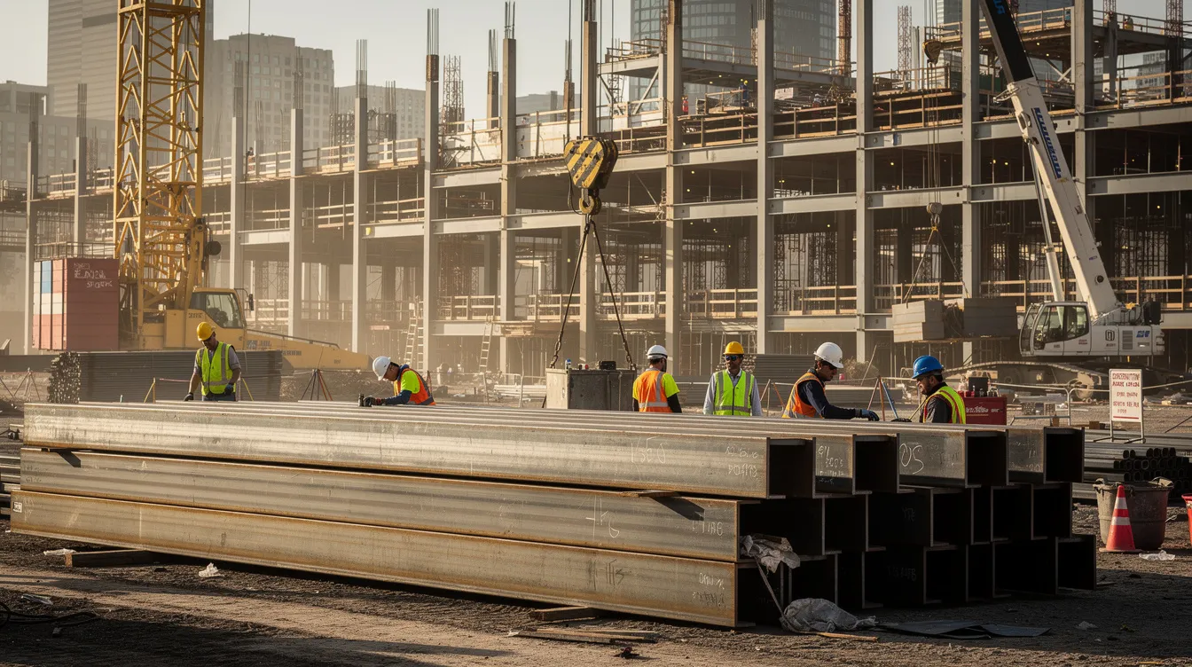 Steel beams stacked at an active construction site while crews work around material movement, schedule pressure, and rising cost risk.