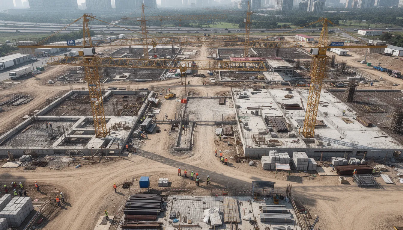 An aerial view captures a large-scale construction site bustling with activity, featuring multiple tower cranes and workers in hard hats, indicative of the ongoing development of new manufacturing facilities in Arizona. This significant investment is part of the 2026 semiconductor infrastructure and industrial construction pipeline aimed at meeting global demand and driving job creation in the advanced chip production sector.